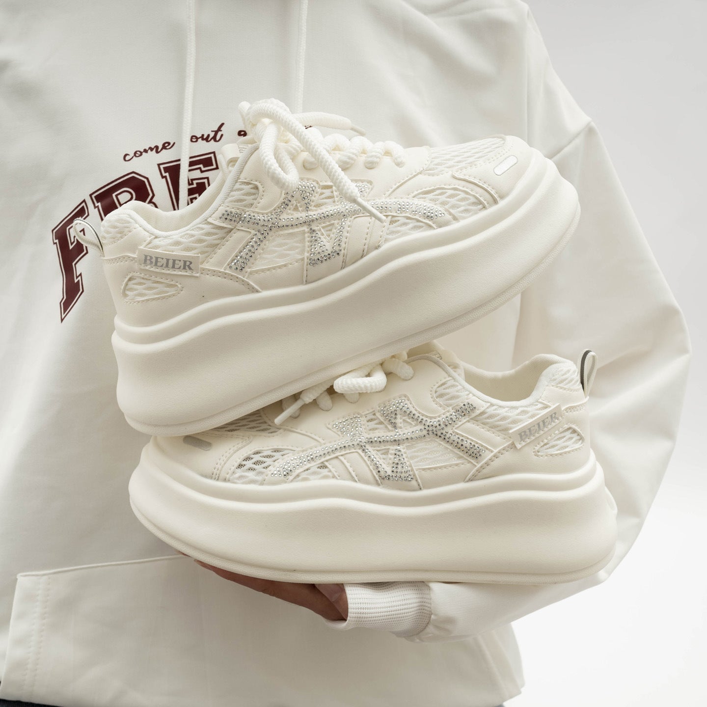 Women's White Mesh Platform Sneakers With Laced Up