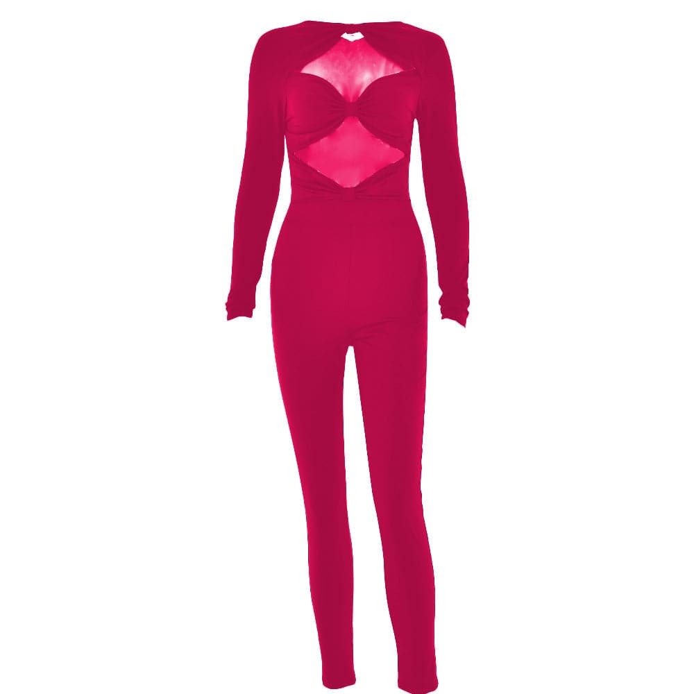 Long sleeve hollow out ruched solid jumpsuit