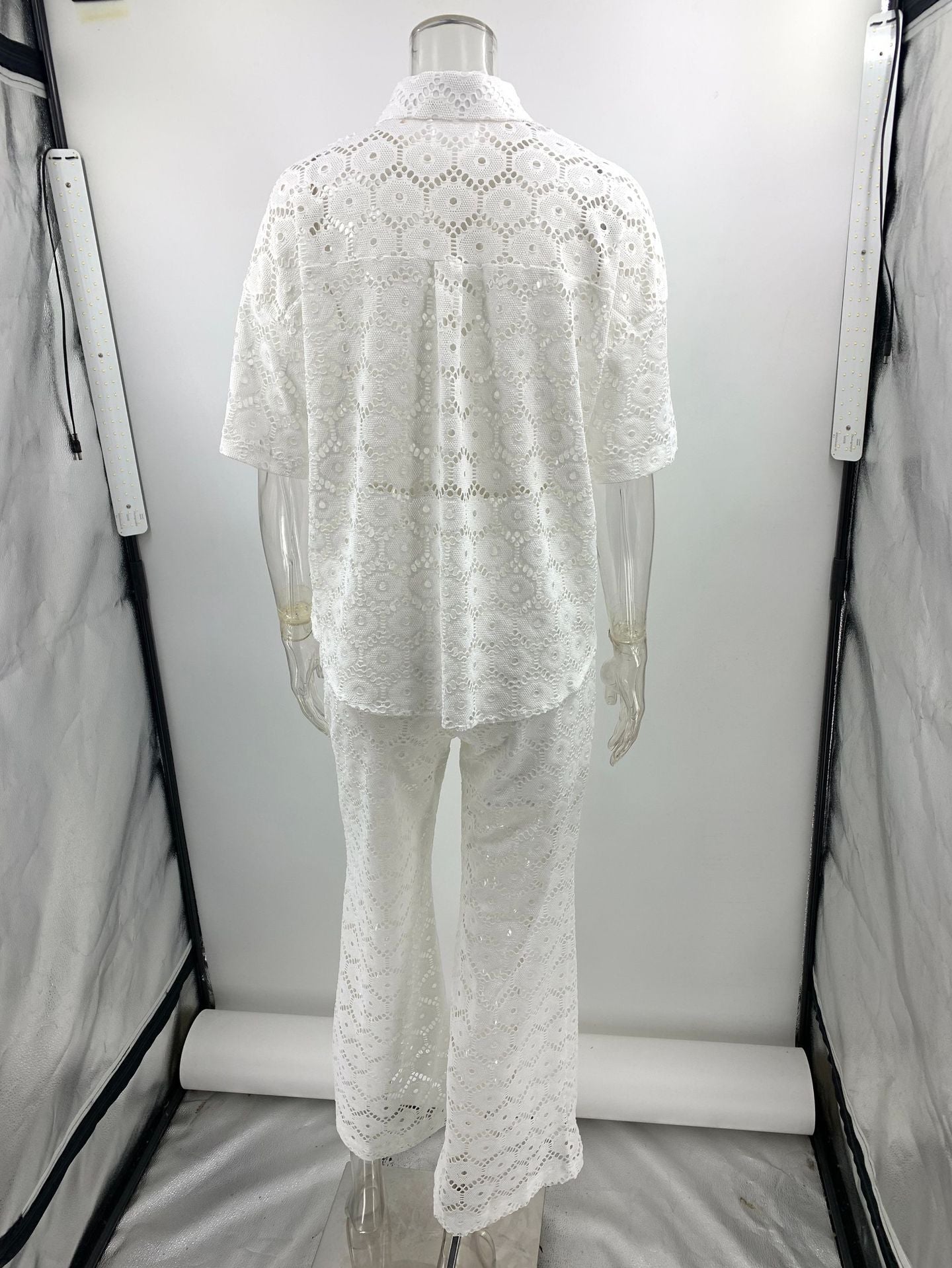 Holiday Crochet Flowers Lace Short Sleeve Shirt and Elastic Waist Wide Leg Pants Set