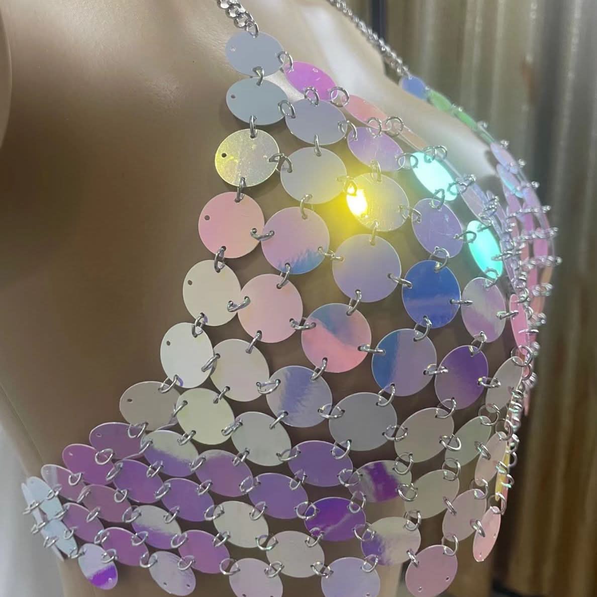 Halter glitter hollow out metal chain cut out top