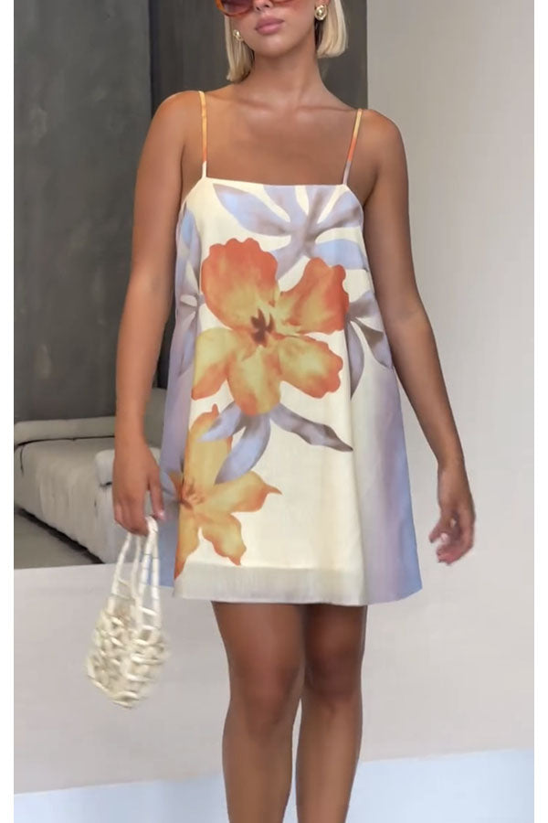 Summer Surprise Linen Blend Floral Print Slip H-line Mini Dress