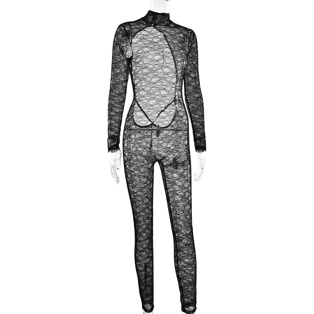 High neck long sleeve lace backless jumpsuit