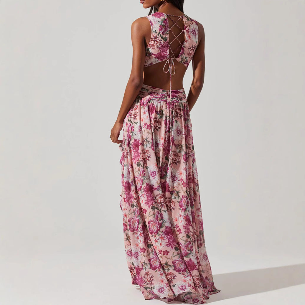 Sweet Floral Tiered Maxi Dress with Side Slit French Style