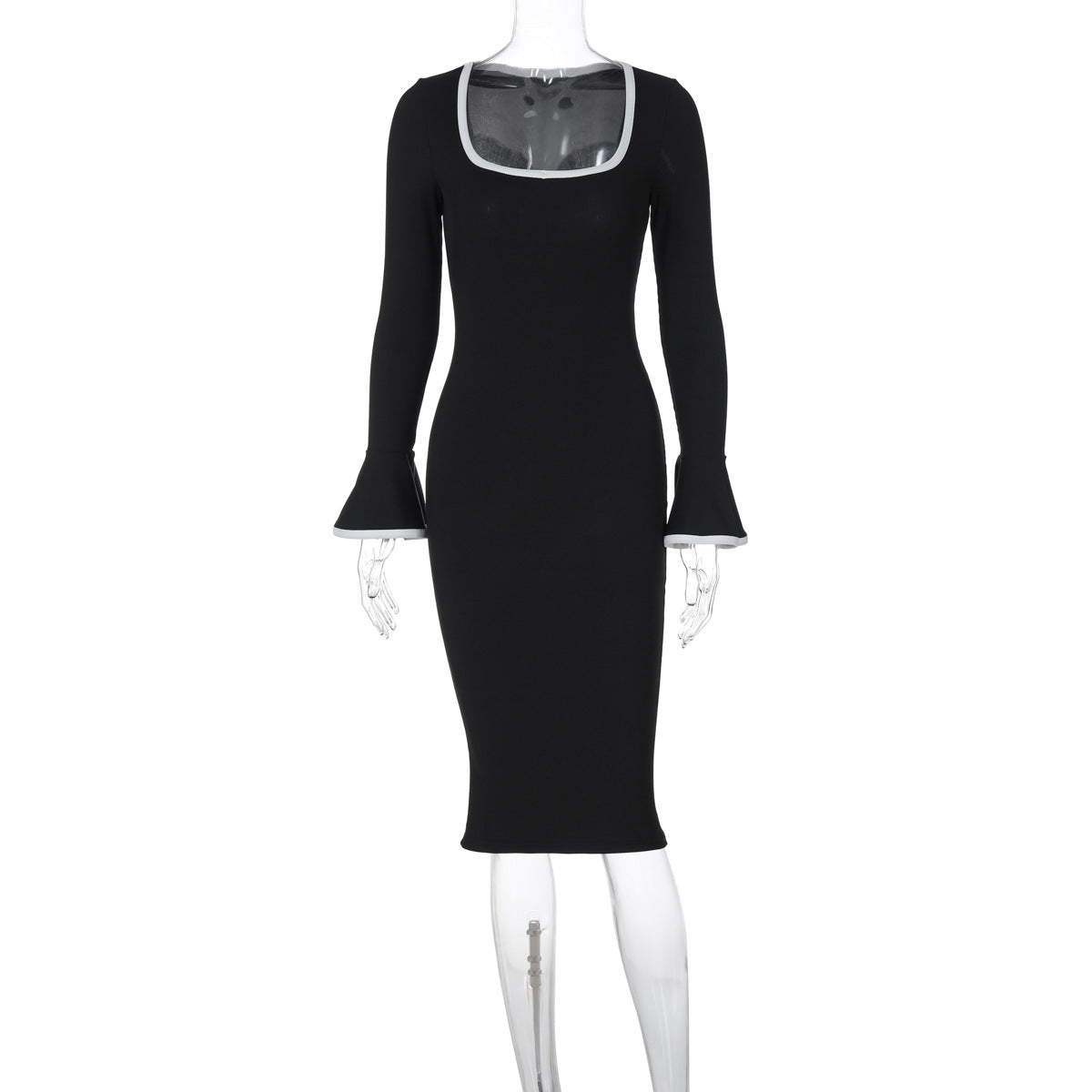 Square Neck Contrast Trim Bell Cuff Knit Bodycon Midi Dress