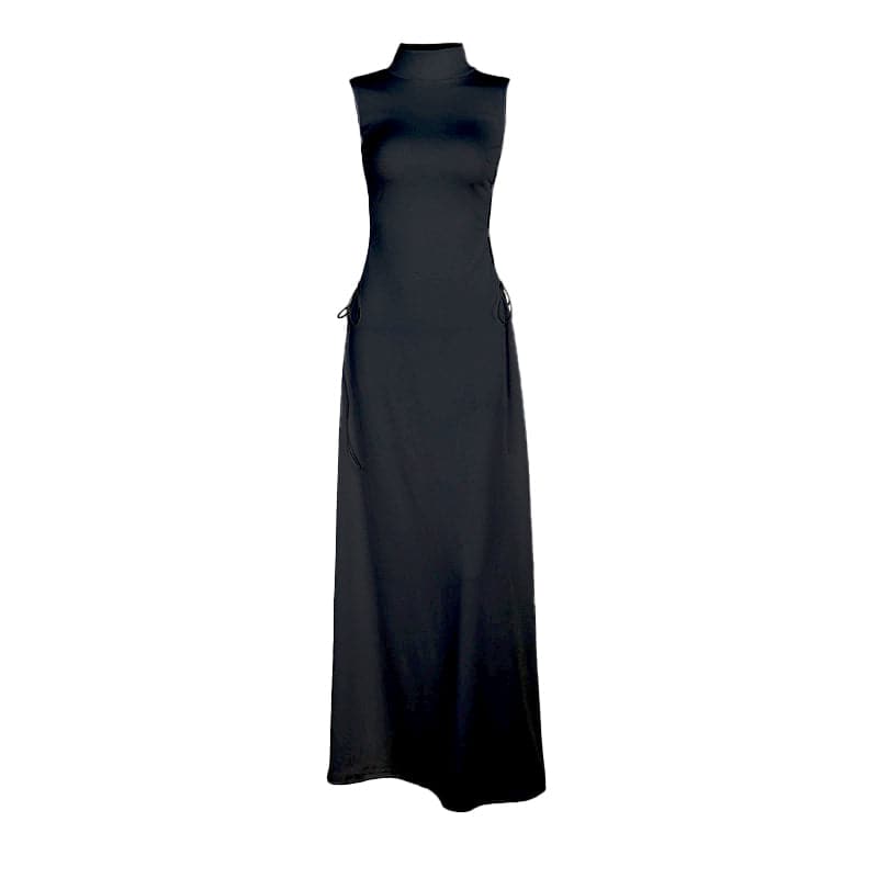 High neck hollow out lace up solid cut out maxi dress