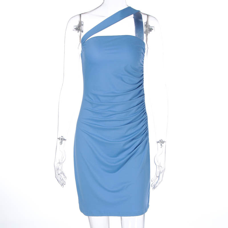 One Shoulder Ruched Bodycon Asymmetric Neckline Mini Dress