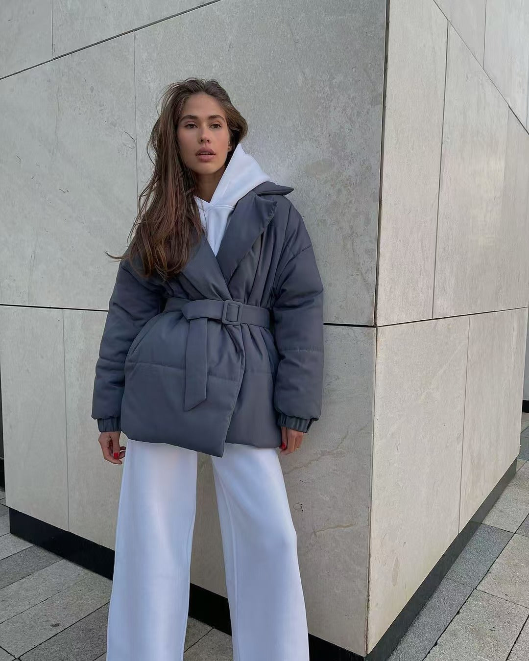 Tie Waist Cotton V-Neck Puffer Jacket