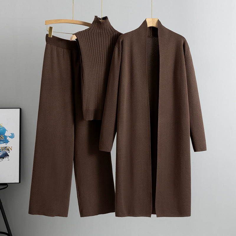 Coffee Elegant Knit Vest Three Piece Set