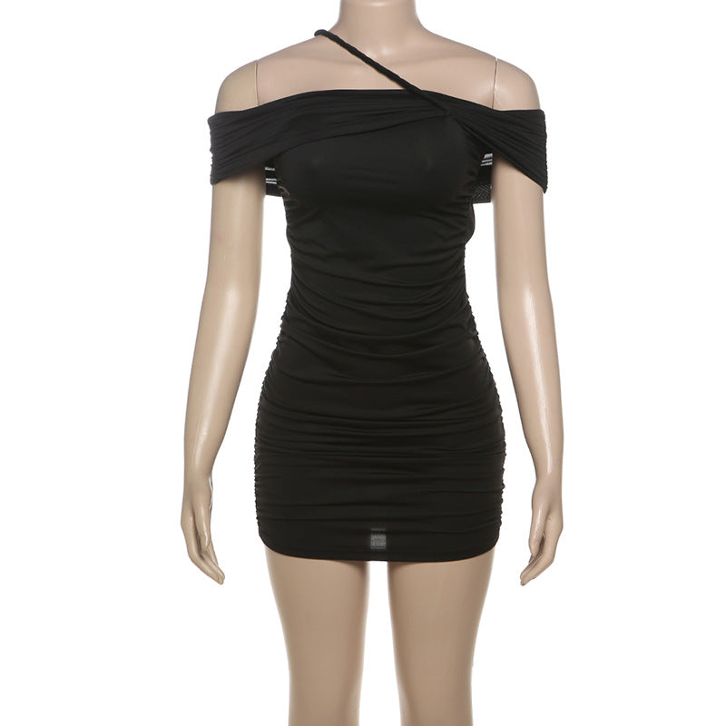 Off Shoulder One Shoulder Strap Ruched Horizontal Open Back Cutout Mini Dress