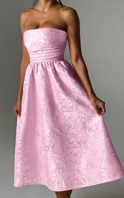 Jacquard Fabric Strapless Open Back Elegant Slim Midi Dress