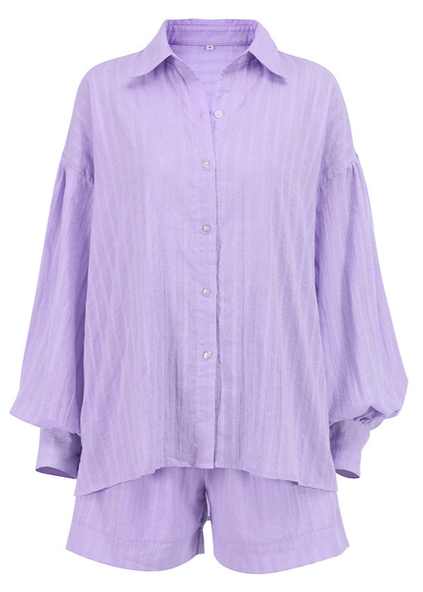 Lilac Drift - Striped Cotton Shirt and Shorts Set