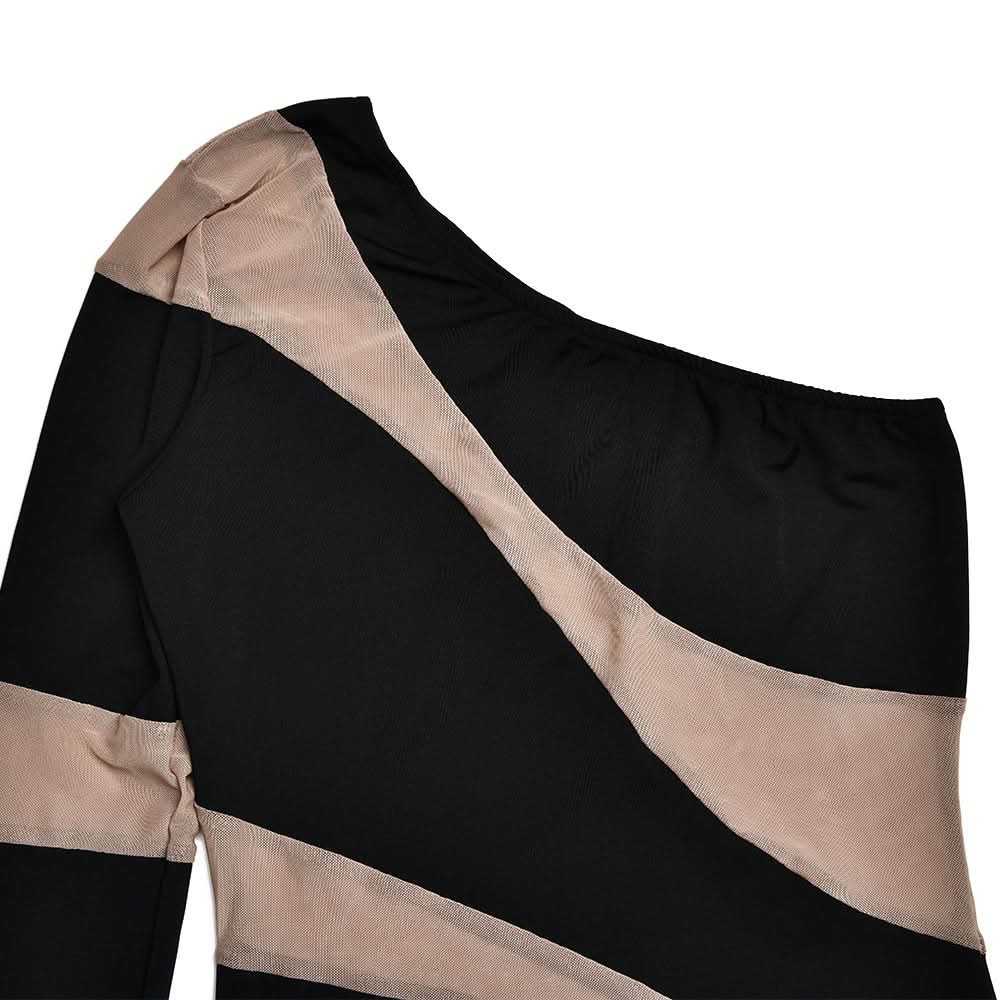 Irregular one shoulder mesh button bodysuit
