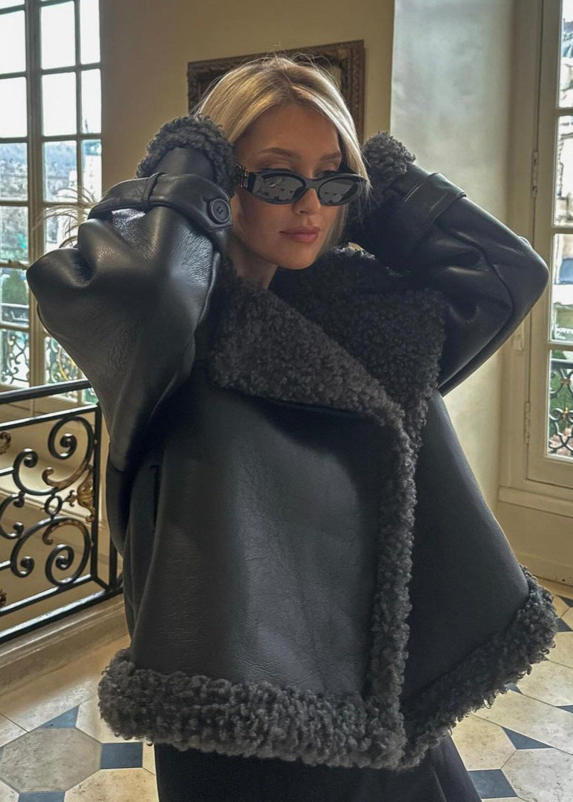 Belted Shearling-Lined Aviator Jacket