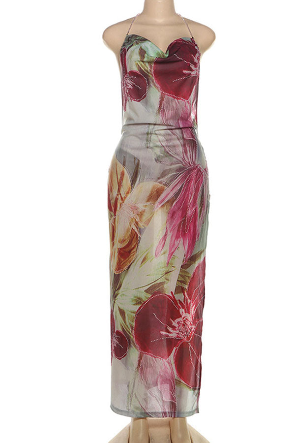 Floral Print Sexy Backless Slit See-Through Holiday Maxi Dress