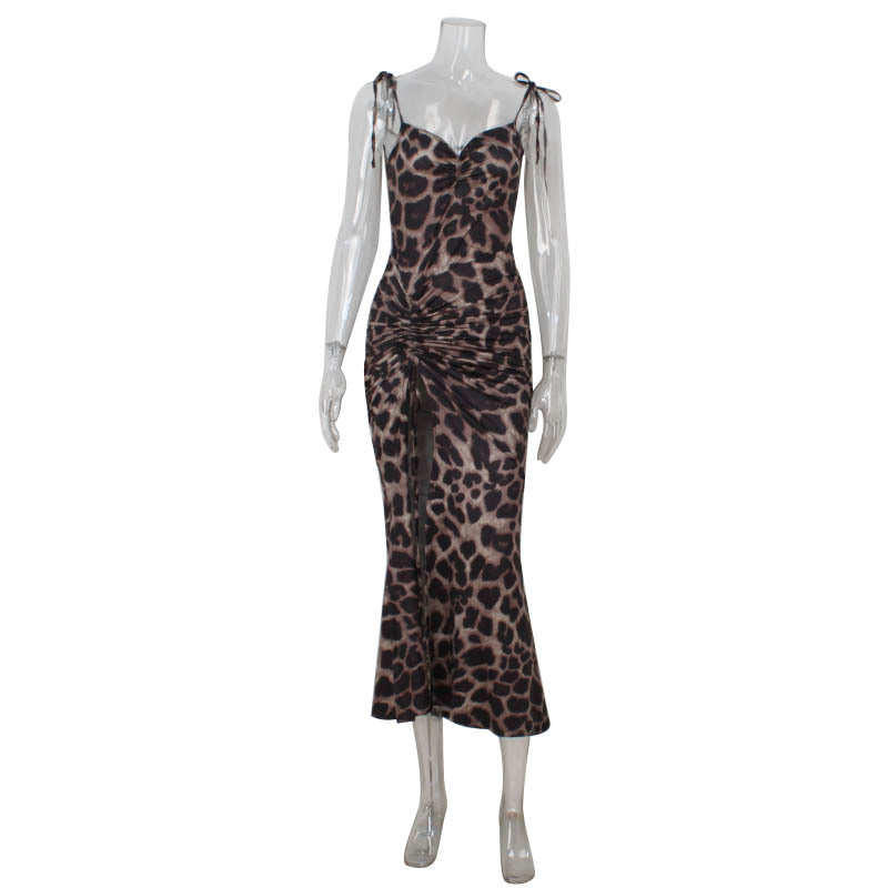 Spotted Print Tie Strap Ruched High Slit Bodycon Maxi Dress