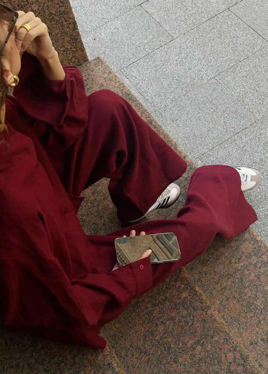 Merlot – Relaxed Cotton Shirt & Wide-Leg Pants Set