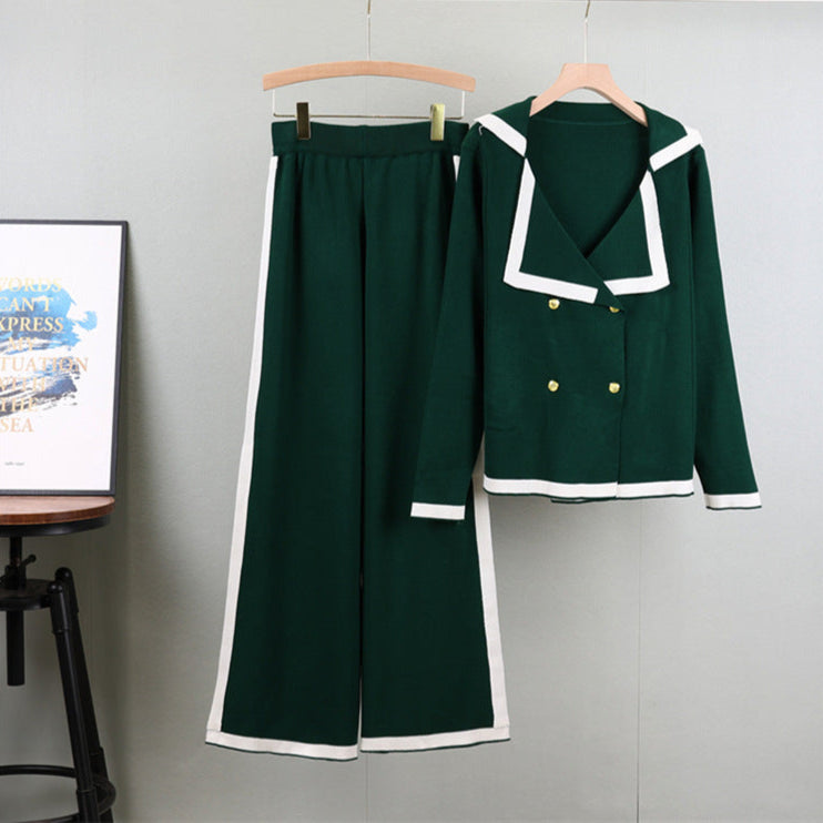 Green - Knitted Lapel Cardigan Two Piece Set