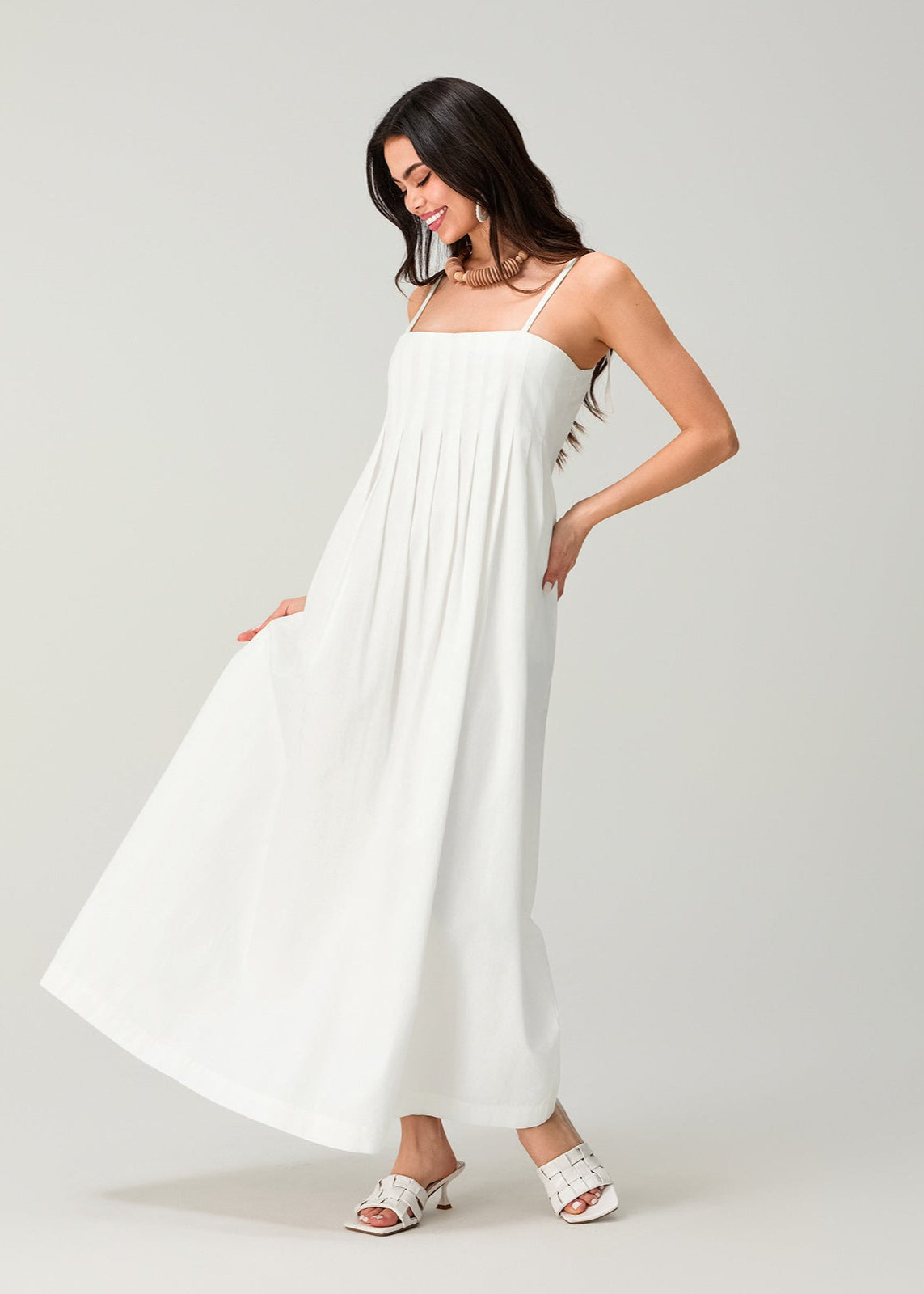 Linen Essence - White Pleated Maxi Sundress