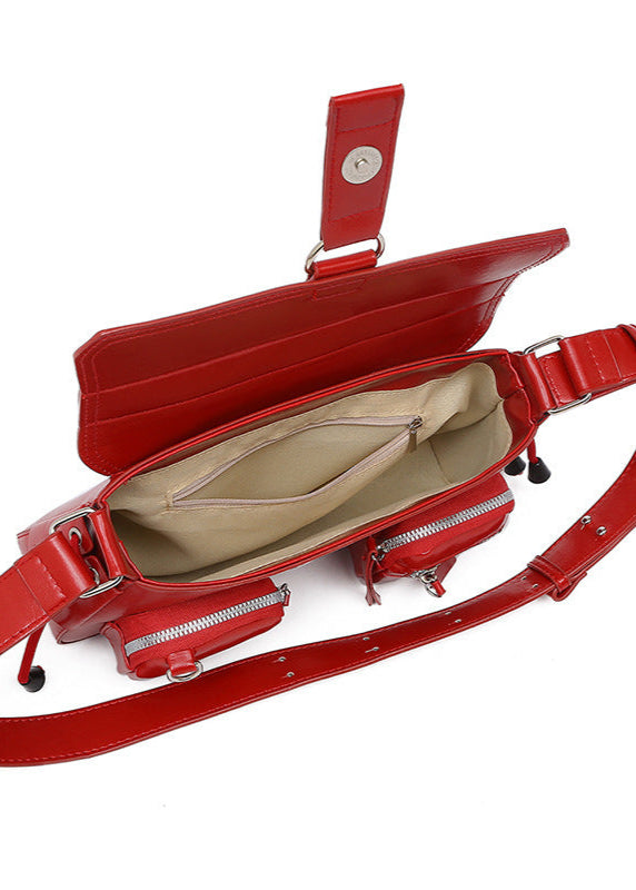 Crimson Utility Buckle Shoulder Bag – Multi-Pocket Street Style