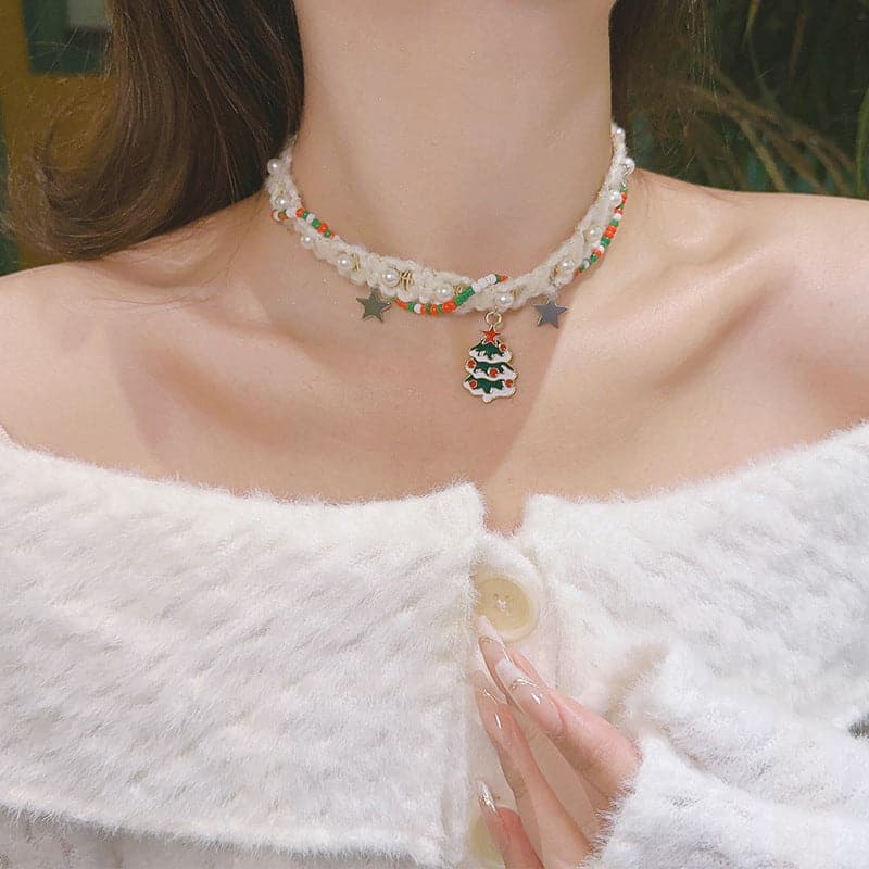 Christmas tree pendant faux pearl choker necklace