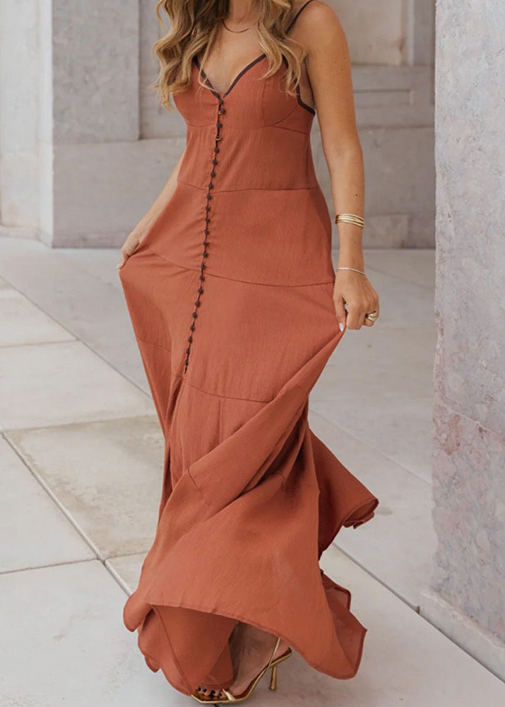 Sienna Vista - Button-Front Maxi Dress with Adjustable Straps