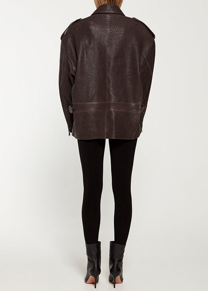 Noir Edge - Dark Brown Leather Jacket with Utility Pockets