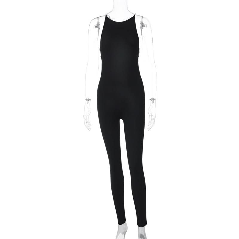 Round neck beaded backless solid jumpsuit