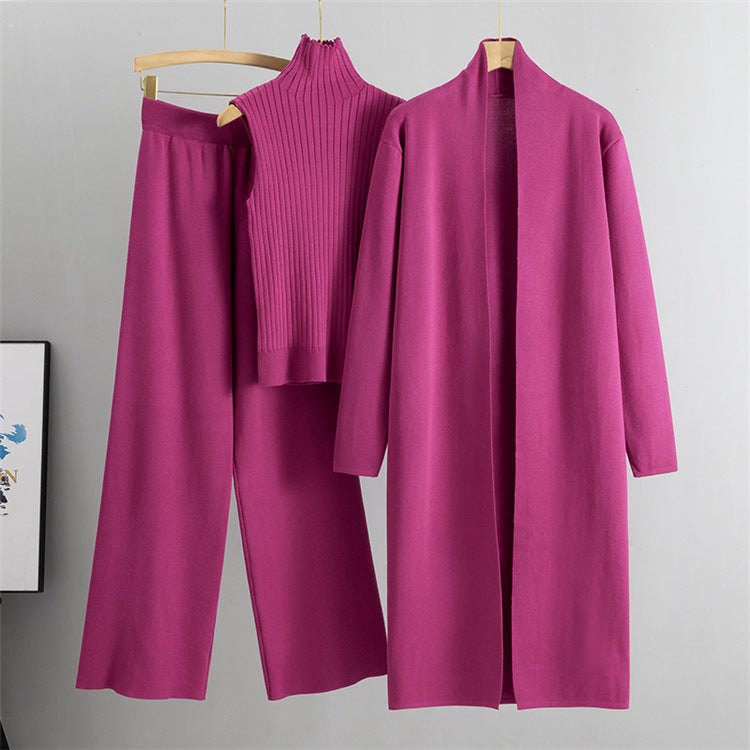 Rose Red Elegant Knit Vest Three Piece Set
