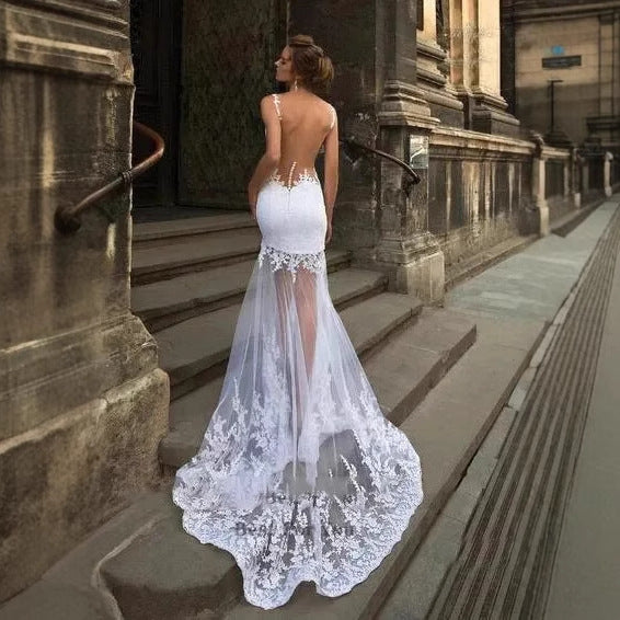 Deep V-Neck Sleeveless Lace Wedding Dress