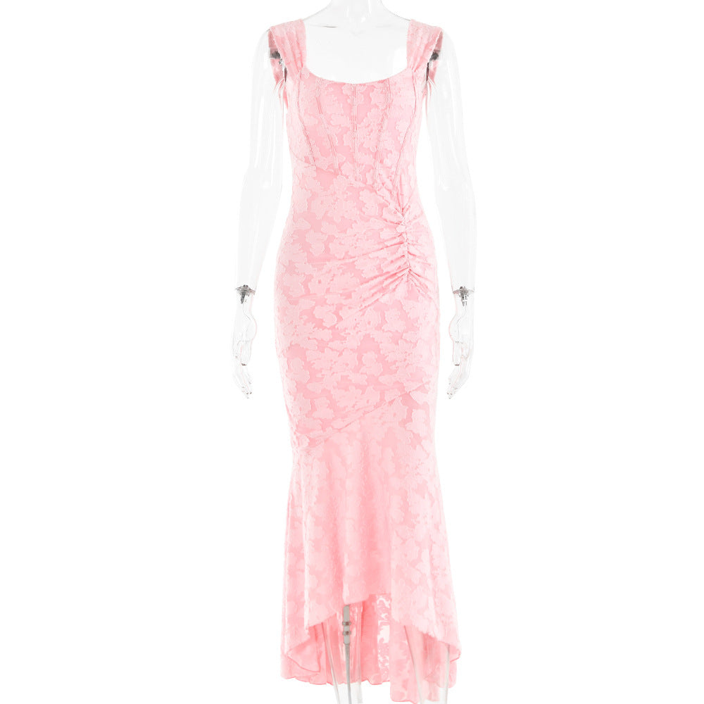 Printed Strap Tube Top Dress Elegant Backless Fishtail Dress Maxi Dress