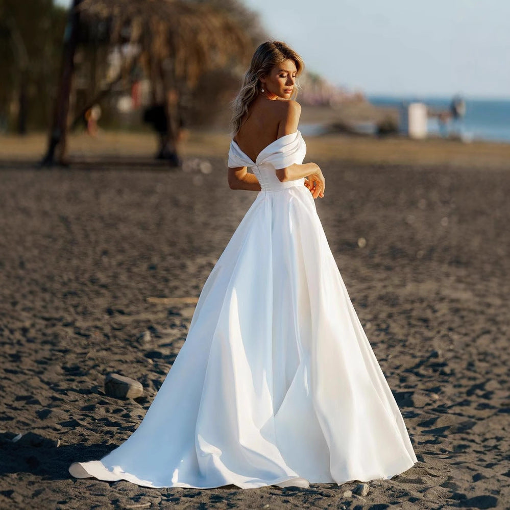 Off-Shoulder Satin Sheer Wedding Dress