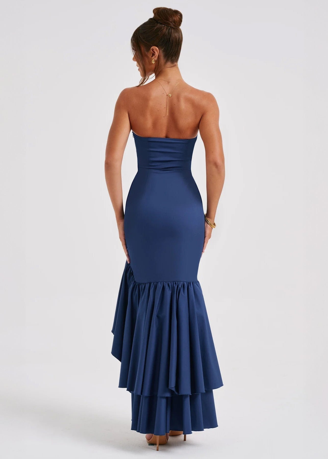 Midnight Cascade - Strapless Ruffled Maxi Dress