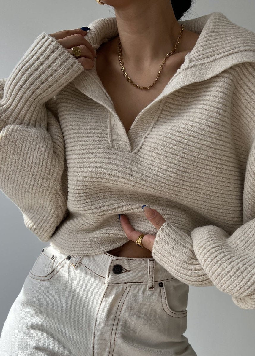 Oversized Ribbed Knit Collared Sweater