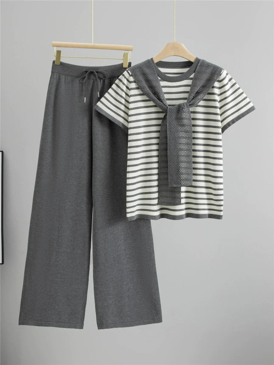 Gray – Drawstring Short-Sleeve Striped Two-Piece Set