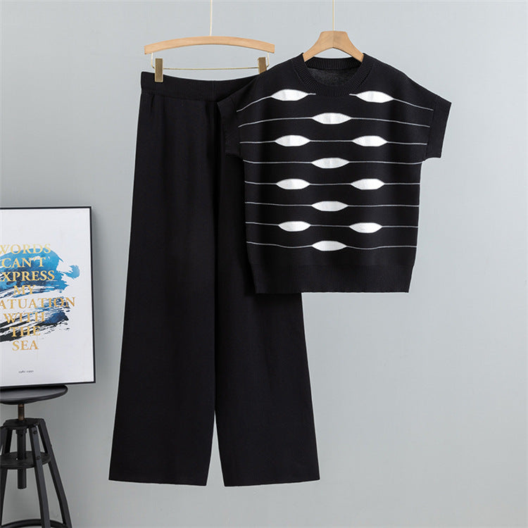 Black – Casual Striped Short-Sleeve Two Piece Set