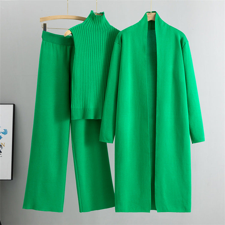 Green Elegant Knit Vest Three Piece Set
