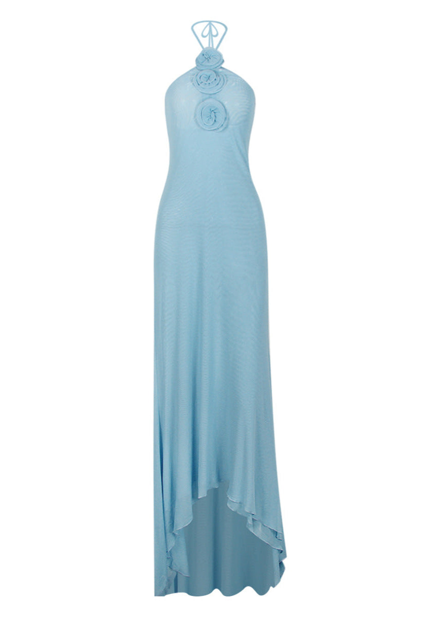 Azure Bloom – Halter Maxi Dress with Rosette Embellishments