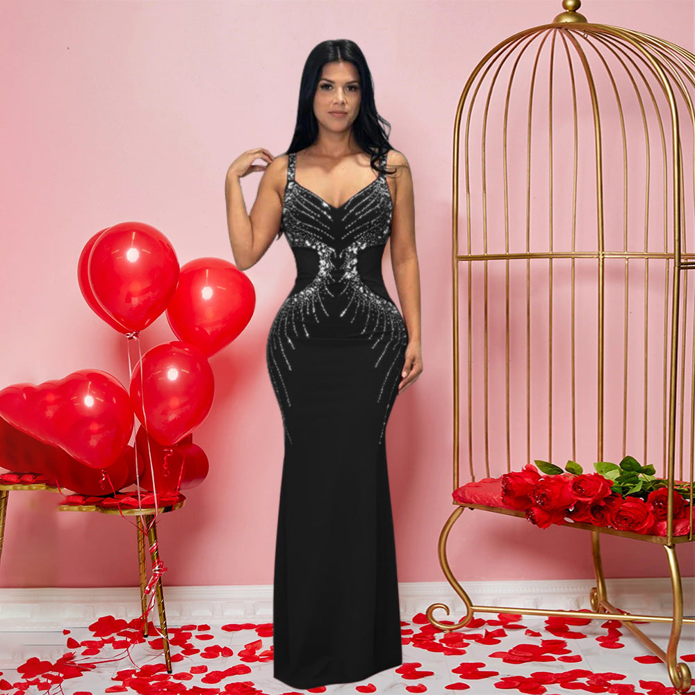 Deep Plunge V-Neck Spaghetti Strap Rhinestone Mesh Side Panel Mermaid Maxi Gown