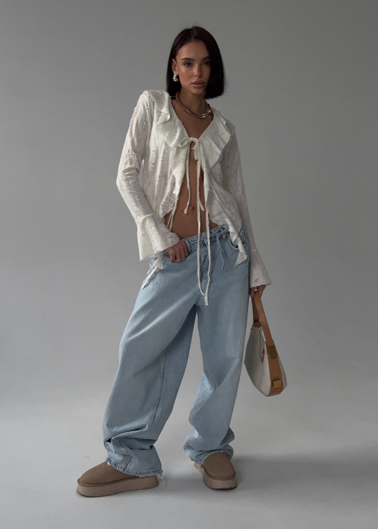 Sheer Ruffle-Trim Tie-Front Blouse
