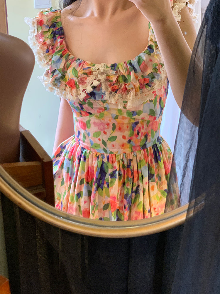 Midnight in Paris Romantic Off-Shoulder Ruffle Sleeve French Floral Dress gunne sax vintage dress