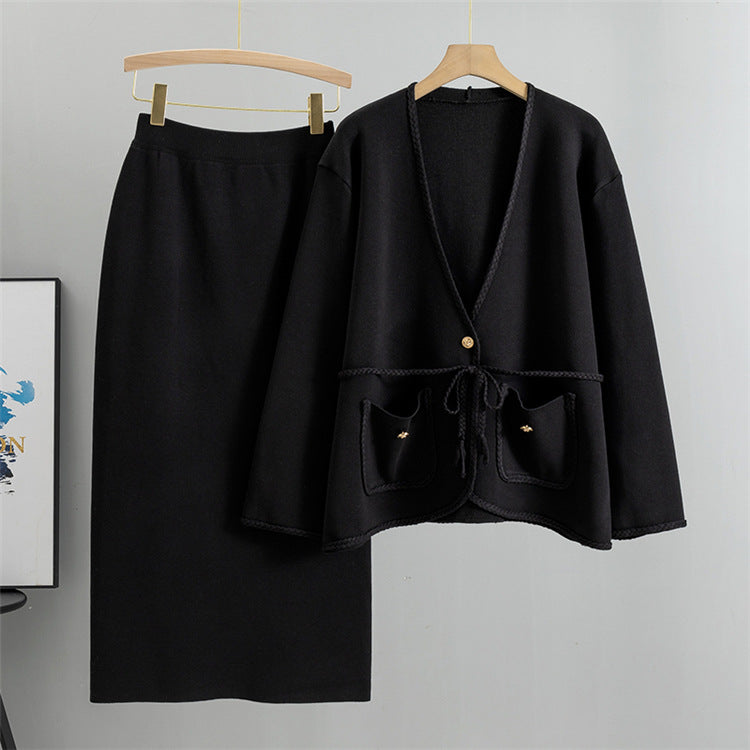 Black - Loose Casual Two Piece Skirt Set