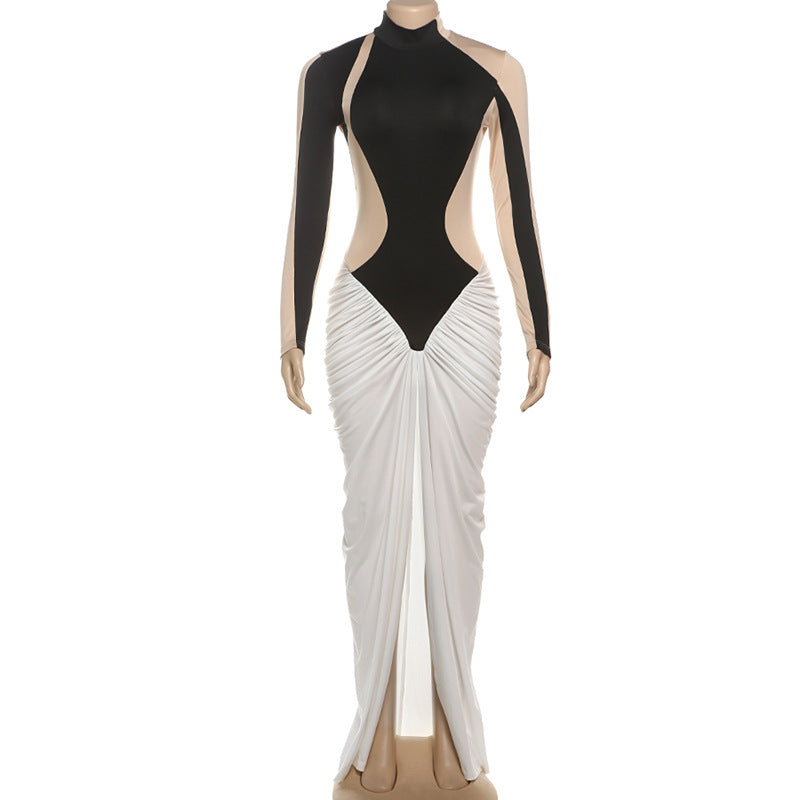 Mock Neck Paneled Long Sleeve Ruched Floor-Length Color Block Maxi Gown