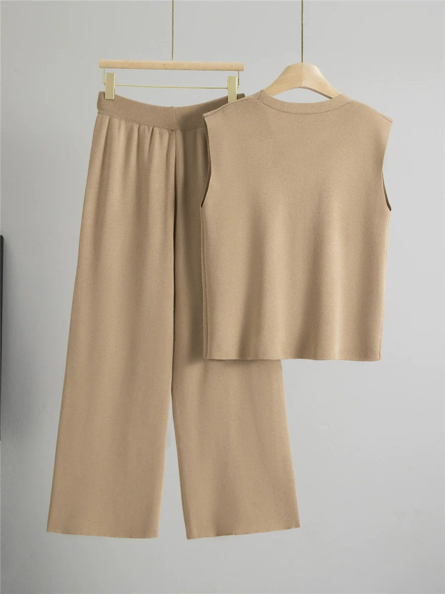 Khaki – Loose Cardigan Sleeveless Two-Piece Set