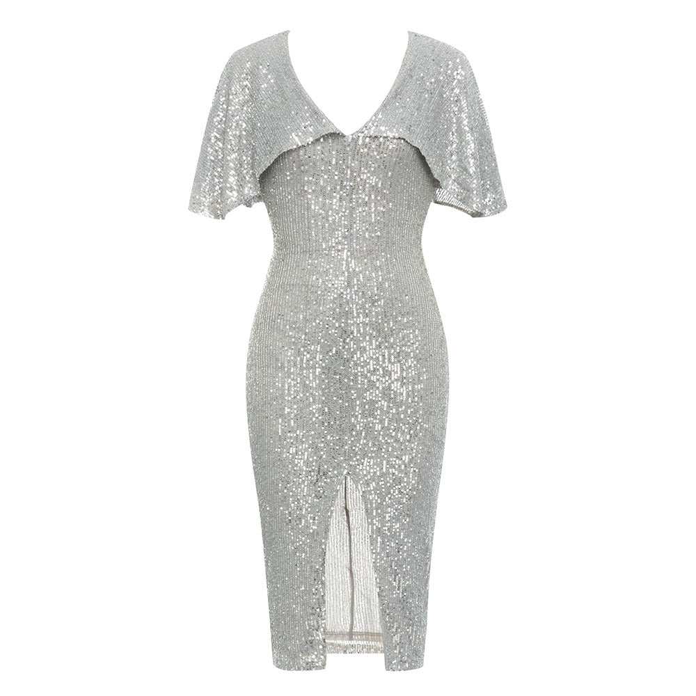 Sequin Flutter Sleeve Deep V-Neck Front Slit Bodycon Midi Dress