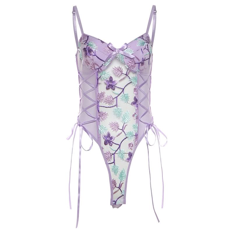 Flower embroidery bowknot mesh lace up cami bodysuit