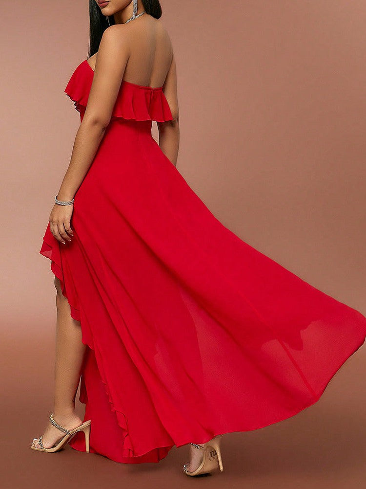Red Ruffle Tube Top V neck Flounce Backless Evening Dress