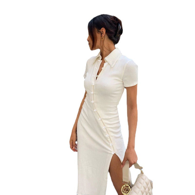 Polo Collar Flower Button Diagonal Placket Ribbed Knit Side Slit Midi Dress