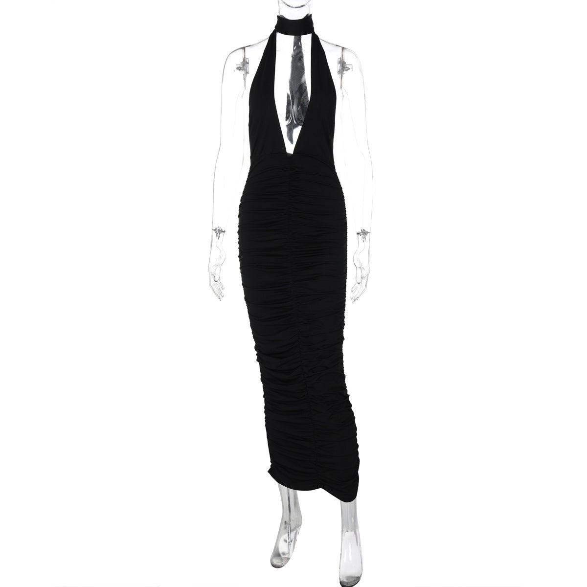 Halter Deep V Choker Ruched Backless Maxi Dress