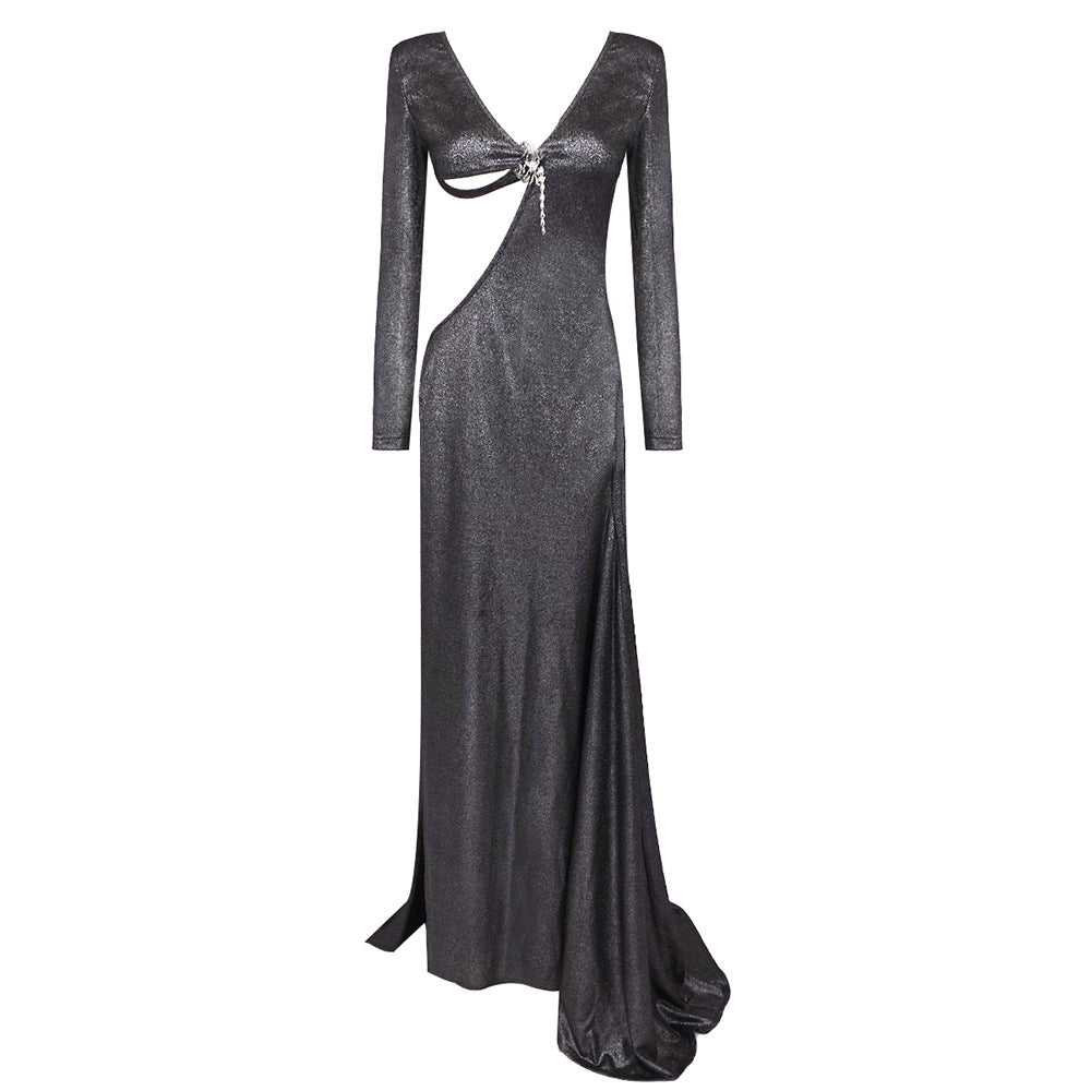 Long Sleeve Sequin Open Back High Slit Floor Length Maxi Gown