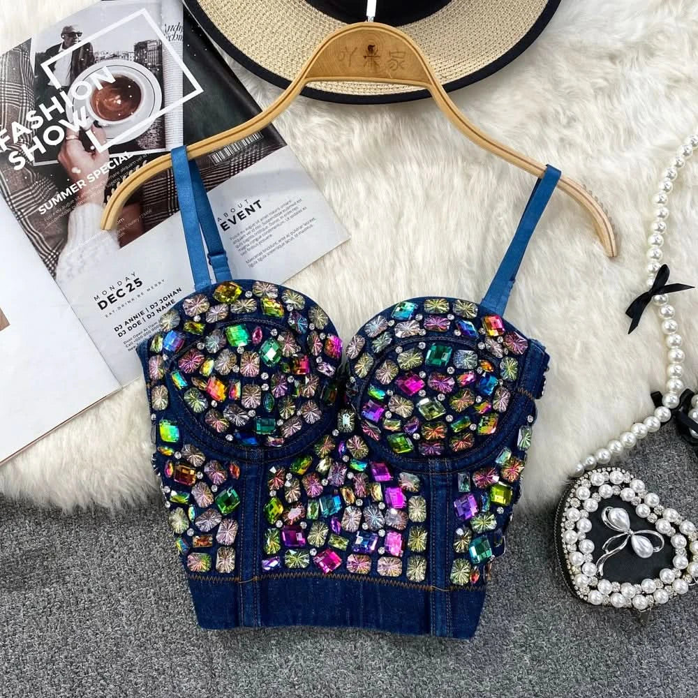 Sweetheart neck padded denim beaded cami top